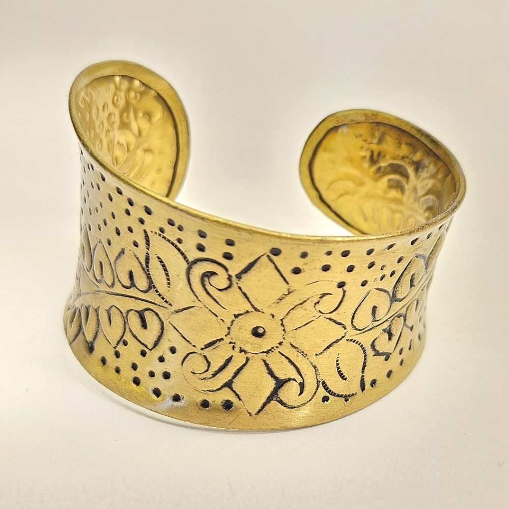 Wide Flower and Heart Cuff Bracelet